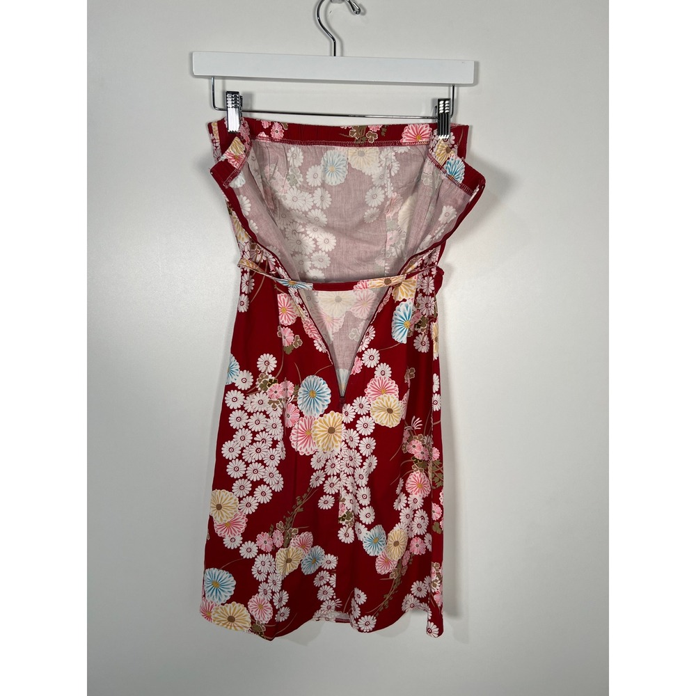 Vintage Y2K Red Floral Strapless Mini Dress Asian inspired Summer Boho Medium - Picture 5 of 6